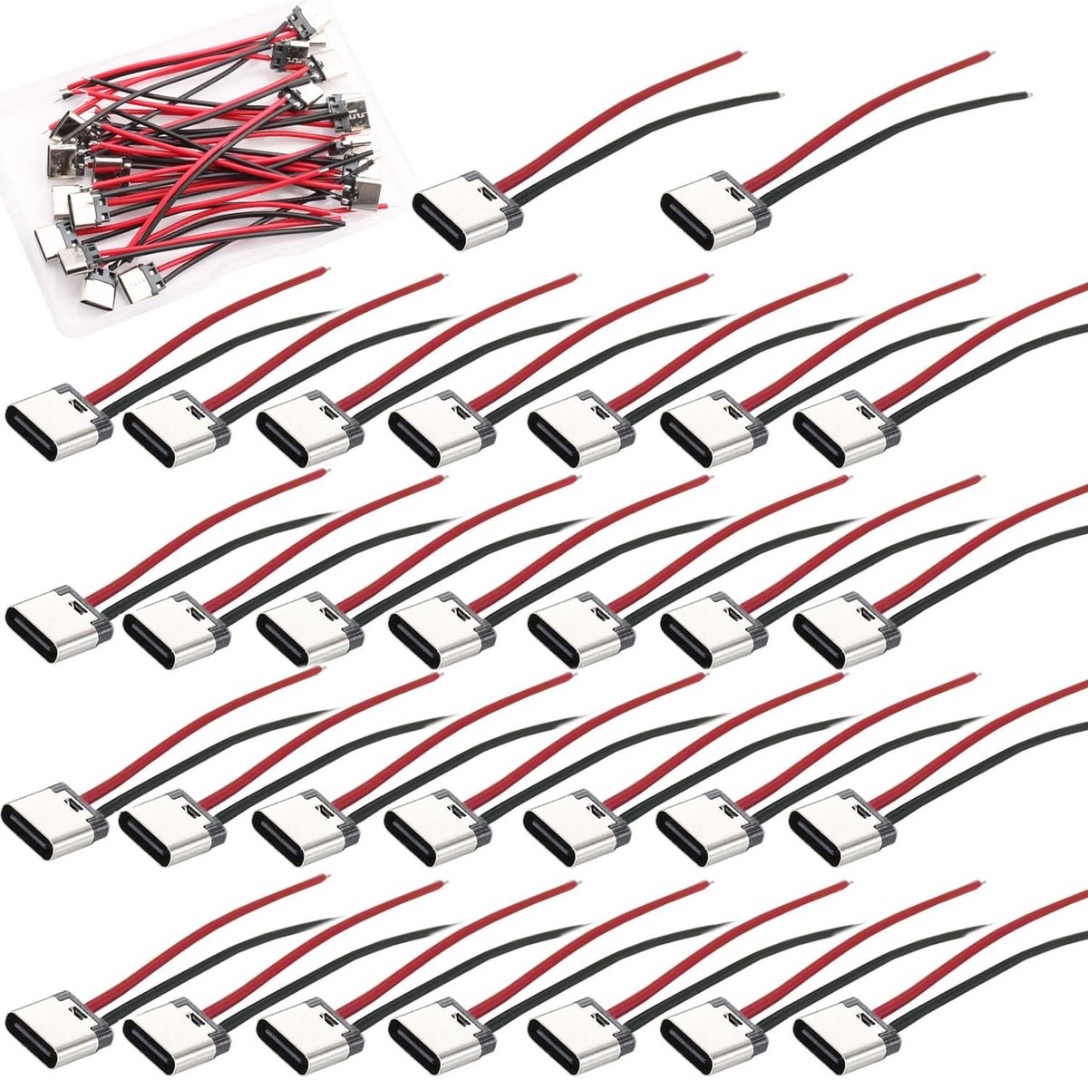 RUNCCI-YUN 30 PCS USB-C Socket Soldering Kabel voor PCB Ontwerp - 2-Wire USB-C Flush