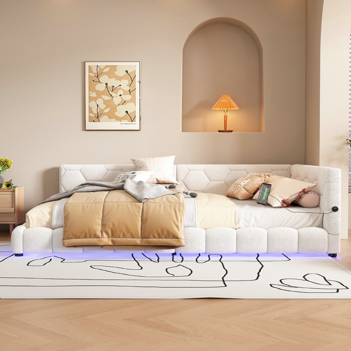 VVBV Slaapbank 140x200 – Daybed – met USB-C, USB, Lattenbodem en Zonder Matras – Wit – Lades – LED-Verlichting – Fluweel – Slaapbank 2 Persoons