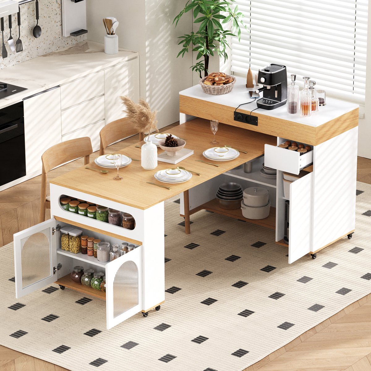 BLACKCOLORS Keukeneiland met wieltjes, uitschuifbare eettafel met stekkerdozen en geribbeld glas, dressoir met één lade, dient als keukeneiland, dressoir voor keuken en eetkamer (wit+natuur)