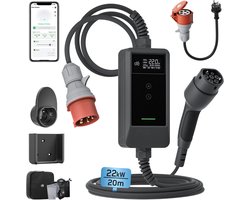 dé Mobiele Thuislader Type 2 - 22kW met APP - Lader Voor Elektrische Auto's 32A 3 fase - CEE naar Type 2 Plug en Play - Totaal 20m Laadkabel - IP66 waterdicht laadstation met LCD Digitaal Display