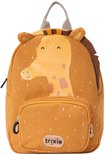 Gele rugzak met opdruk van een giraffe, witte spikkels en een voorvak met rits.