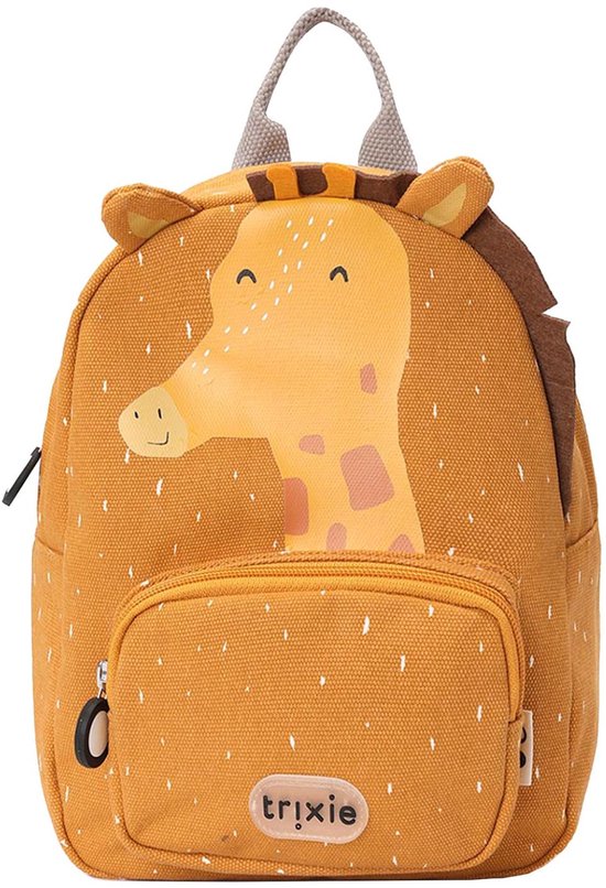 Gele rugzak met opdruk van een giraffe, witte spikkels en een voorvak met rits.
