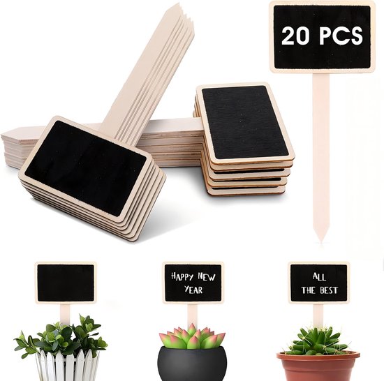 20 stuks houten tuinlabels — Mini-krijtbordjes — 24 x 7,5 cm — Plantenstekers & markering — T-vormige krijtbordstekers — Herbruikbaar & uitwisbaar — Ideaal voor kamerplanten, kruiden, bloemen en groenten in pot —Plantlabels