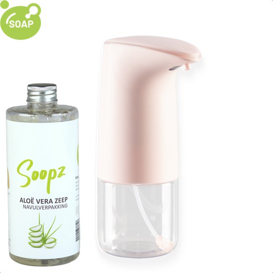 Felroze automatische zeepdispenser met een doorzichtige onderkant, naast een fles met Aloë Vera zeep navulling.