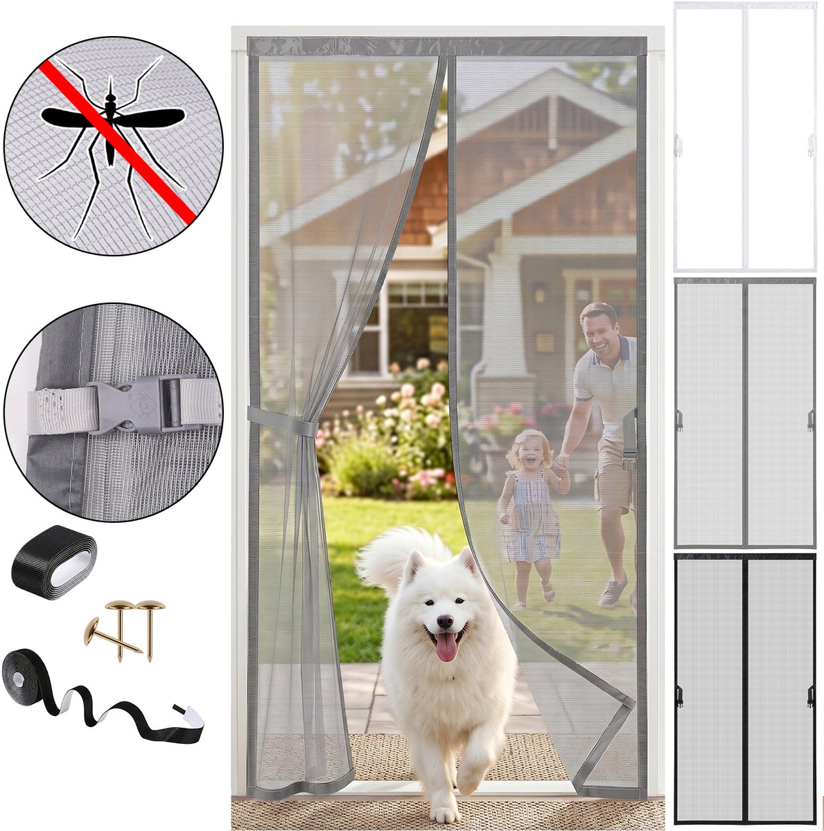 Qelus Magnetisch vliegengordijn 210×97 cm – Hordeur van zwaar gaas met 4 cm klittenband, kind- en huisdiervriendelijk, automatisch sluitend – Insectenwerend - Snelle montage - Grijs