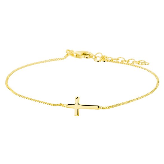 Bracelet doré avec une petite croix flottante.