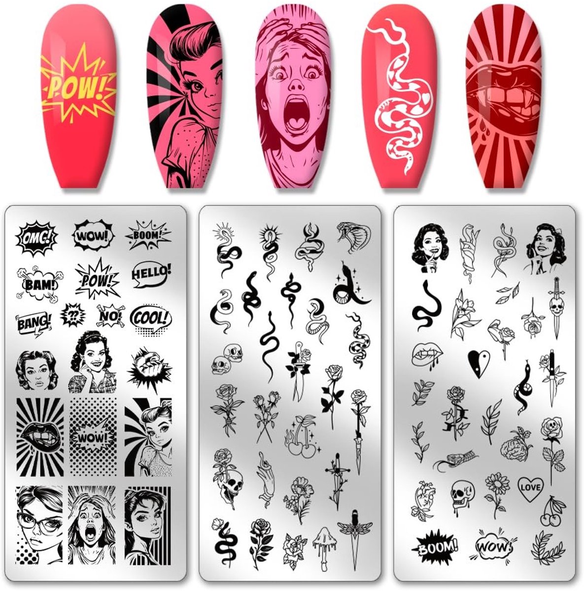Allecto - Nail Stamp Plates - Nail Art Stencils - Set van 3 - Retro Cartoon Design - Creatieve Decoratie - Geschikt voor Manicure - 12 x 6 cm