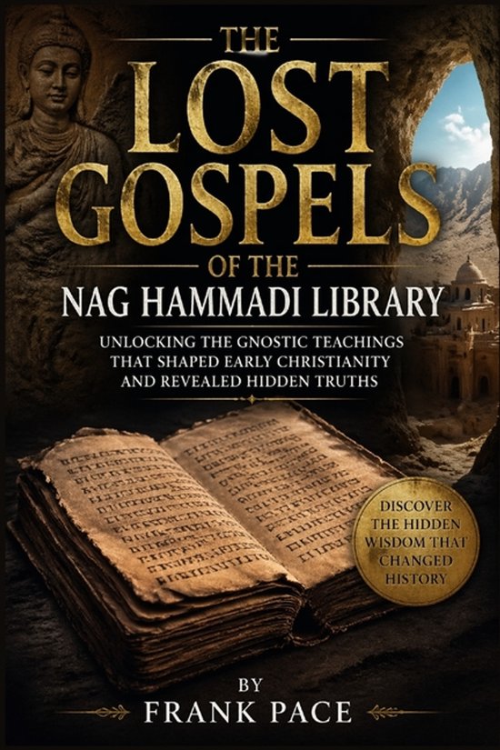 Couverture du livre : 'The Lost Gospels of the Nag Hammadi Library' par Frank Pace, avec un texte ancien, une statue bouddhiste et une ville dans le désert.