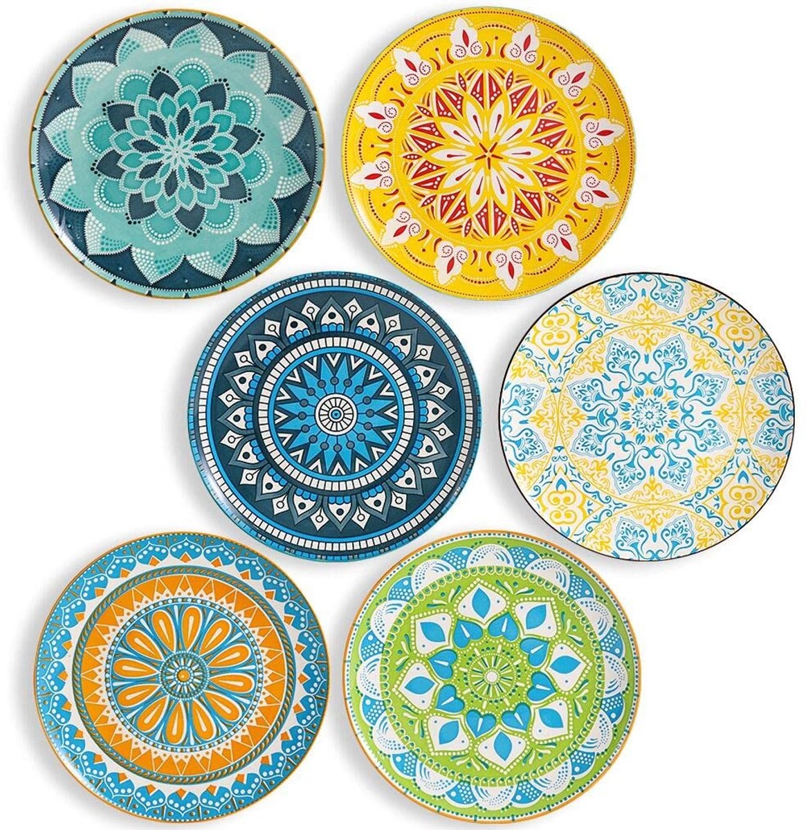 Allecto - Dinner Plates - Porselein - Set van 6 - Kleurvolle Patronen - Geschikt voor Magnetron en Vaatwasser - 25.4cm