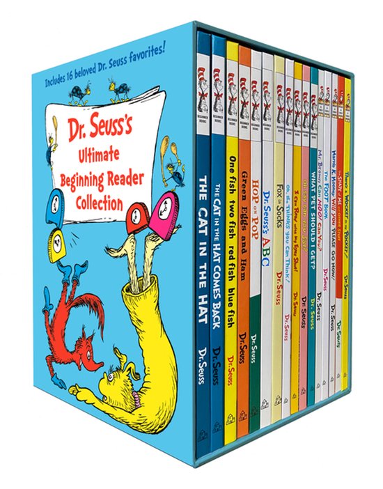 Dr. Seuss's Ultimate Beginning Reader Collection, met 16 geliefde Dr. Seuss-favorieten, met afbeeldingen van de Cat in the Hat en Fox in Socks.