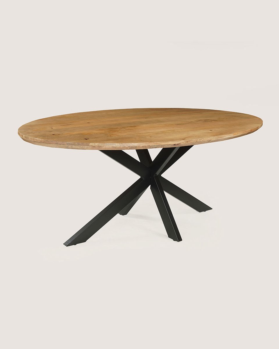 Ovale Eettafel 180 cm Mangohout – Zwart Metalen Matrix Onderstel – Elegant Chic – 4-5 Personen