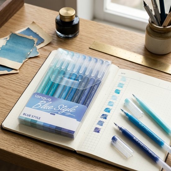 Blauw tinten gelpennen set 9 stuks dames en kinderen transparant design zachte kleuren schrijf en teken pennen voor journaling schetsen en markeren