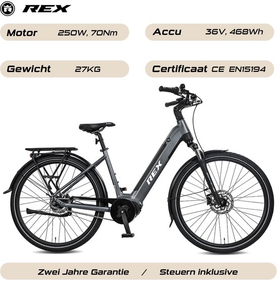 REX Commuter+ City Elektrische Fiets - Middenmotor 250W - Actieradius 100km - 28 Inch Banden - SHIMANO 7 Versnellingen-grijs van Merkloos — afbeelding 4