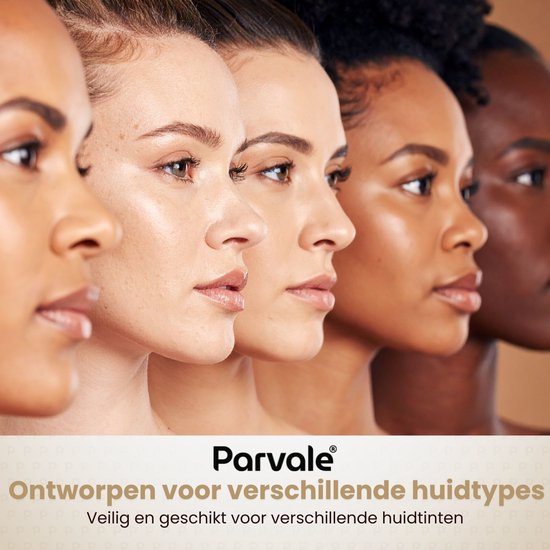 Close-up profielen van vijf vrouwen met verschillende huidtinten, die de brede toepasbaarheid van het Parvale merk benadrukken.