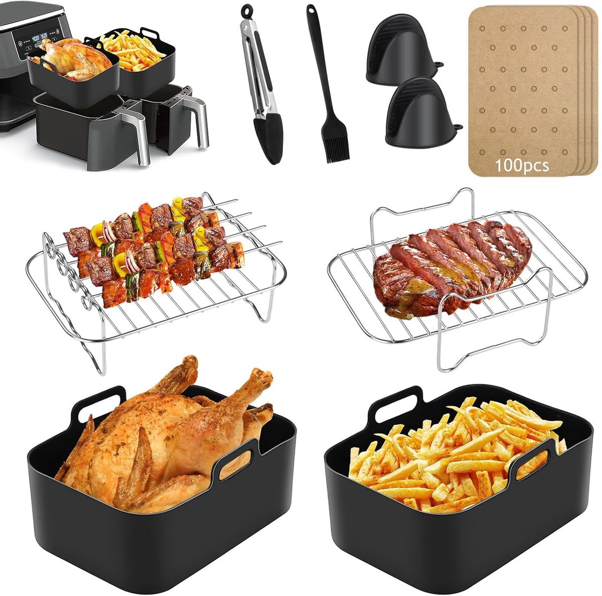 Airfryer accessoires set 15 delig – Heißluchtfriteuse accessoires voor Ninja Foodi AF300EU AF400EU 7,6L-9,5L – BPA-vrij – 304 roestvrij staal – siliconen bakvormen – spiesen – bakpapier – olievernevelaar