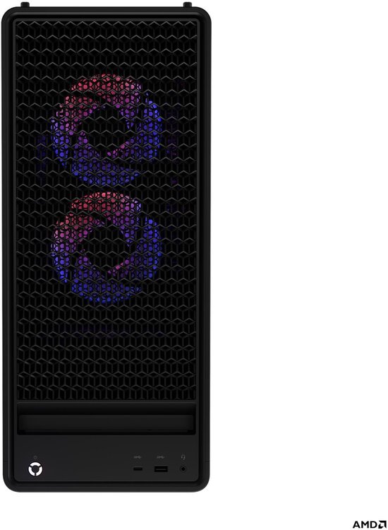 Zwarte computerkast met hexagonale grille en twee verlichte ventilatoren, voorkant.