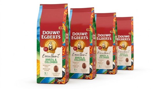 Vier pakken Douwe Egberts Excellent Brazil & Colombia koffie met rode en groene verpakking.