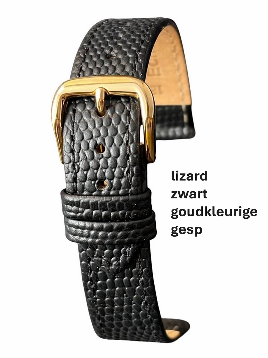 Horlogeband-horlogebandje-14mm-zwart -croco-lizard print-echt leer-plat-soepel-goudkleurige gesp-leer-14 mm