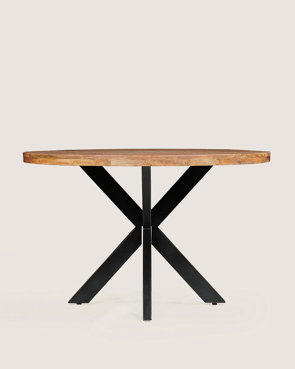 Ronde Eettafel 100 cm Mangohout – Rustiek – Zwart Metalen Matrix Onderstel – Industrieel – 4 Personen