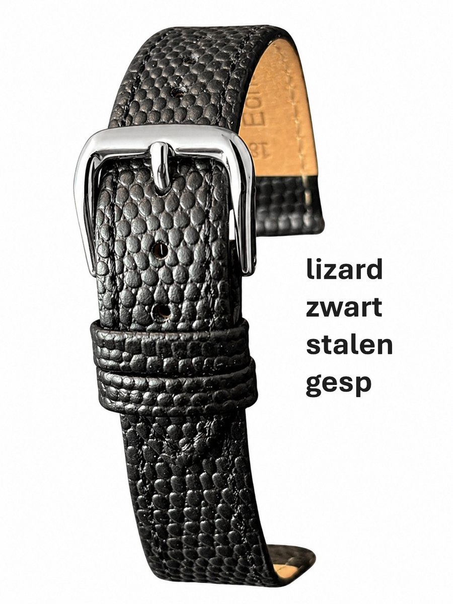 Horlogeband-horlogebandje-18mm-zwart -lizard print-echt leer-plat-soepel- stalen gesp-leer-18 mm