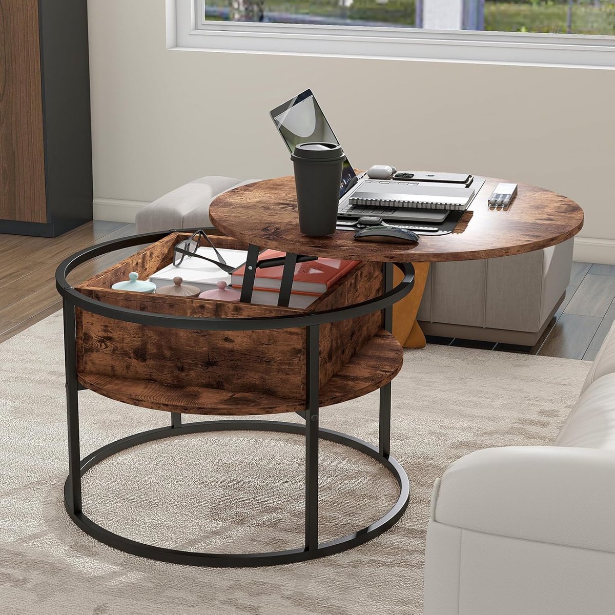 Salontafel Rond 70x70 cm – In Hoogte Verstelbare Salontafel met Opbergruimte en Liftmechanisme – Multifunctionele Woonkamertafel met Verborgen Vak – Moderne Koffietafel – Vermissen