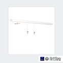Witte ophangrail met twee transparante ophangdraden en haken, inclusief bevestigingsmateriaal en logo's.