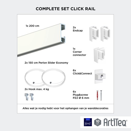 Complete set Artiteq Click Rail schilderijophangsysteem met 1x 200 cm witte rail, 2x eindkap, 1x hoekconnector, 2x 150 cm perlon draad, 2x haak (max. 4 kg), 6x Click&Connect en 6x plug&schroef.