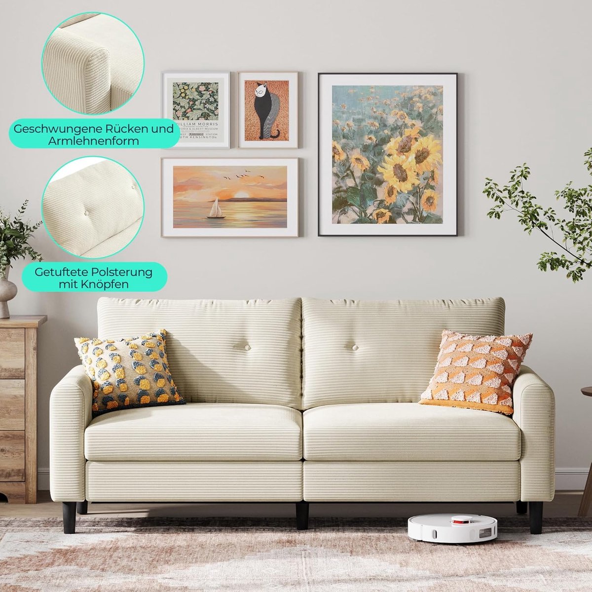 3-zits bank 201 cm - verstelbare zitdiepte, corduroy ribstof, moderne beige loveseat, comfortabele woonkamerbank 320 kg draagkracht - HomebyNicole