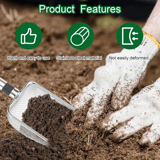 Tuinzeef met handvat - Grondzeef van roestvrij staal - aardezeef - Verschillende tuinzeven - Grove en fijne bodemzeef - Compostzeef - Zeefschep voor tuinen - voor aarde, stenen, compost, onkruid, zand, grind en zaaigoed - 28.8*10cm - Zilveren van Merkloos	 — afbeelding 3