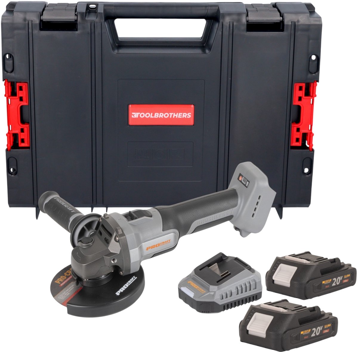 Procraft Industrial AG125Abb accu haakse slijper 20 V 125 mm borstelloos + 2x accu 2,0 Ah + oplader + RHINO gereedschapskoffer