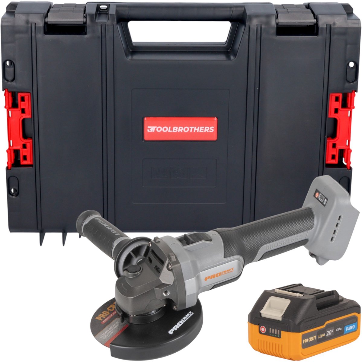 Procraft Industrial AG125Abb accu haakse slijper 20 V 125 mm borstelloos + 1x accu 4,0 Ah + RHINO gereedschapskoffer - zonder oplader