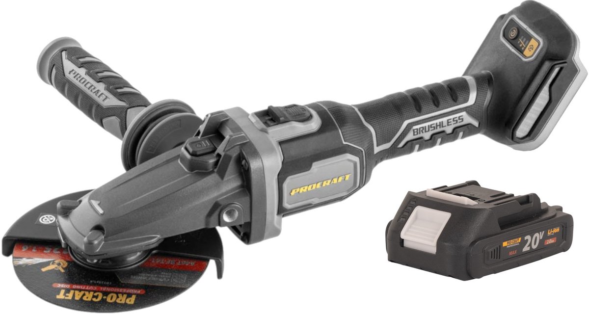 Procraft Industrial AG125Cbb accu vlakke hoekslijper 20 V 125 mm borstelloos + 1x accu 2,0 Ah - zonder oplader