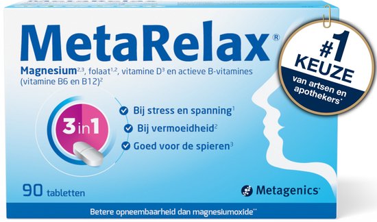 Een MetaRelax doosje met op de voorkant de tekst 'MetaRelax Magnesium, 90 tabletten'. Rechtsboven een ronde sticker met '#1 KEUS van artsen en apothekers'.