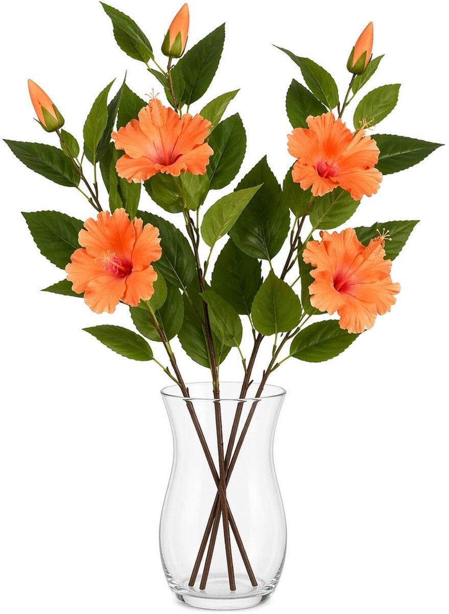 Mica Decorations Kunstbloem Hibiscus Floral - 3x - H74 cm - oranje - kunststof - stelen kunstbloemen - boeket - rozen bloemetjes