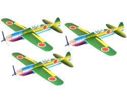 Henbrandt Speelgoed luchtmacht vliegtuigen Airgliders 011 - 3x - Mitsubishi Zero - uitdeelcadeautjes - 19 cm