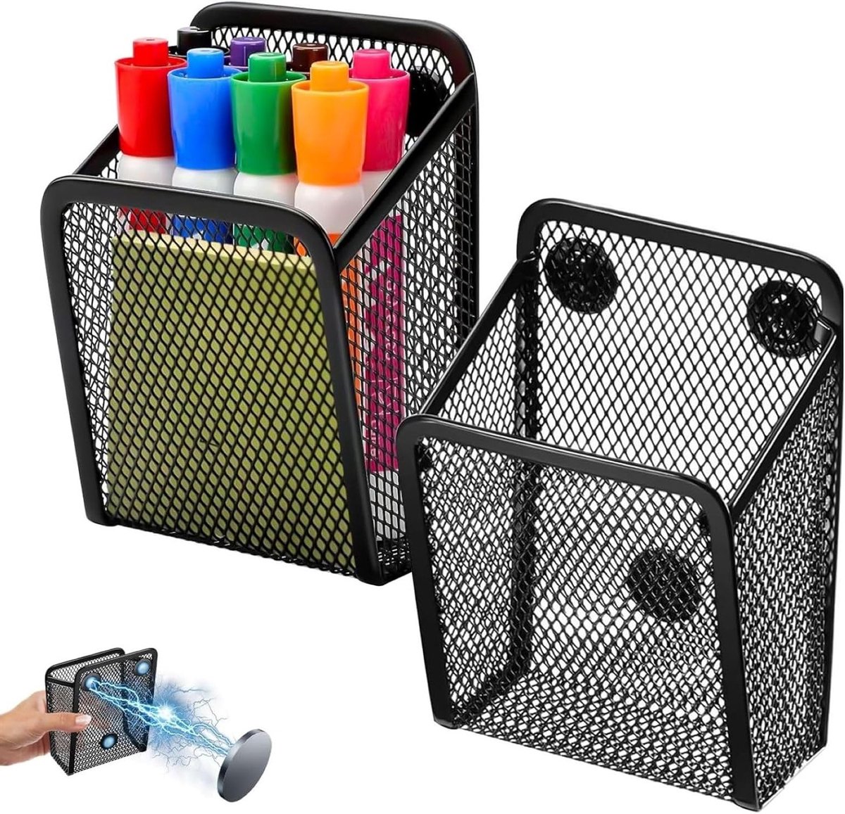 SnelShoppen - Magnetische Opbergmand, 2 Stuks Magnetische Pennenhouders, Zwart, Metaal, Desk Organizer, Magnetisch voor Koelkast, Kantoorbenodigdheden