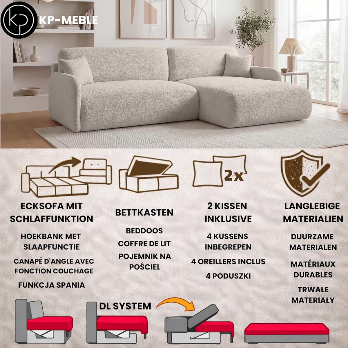 Hoekbank met slaapfunctie Pierr 253x175 cm - Bouclé Beige L-vormige slaapbank met bedlade en opbergruimte - Moderne grote teddy stof hoekbank voor woonkamer, rechts - HomebyNicole