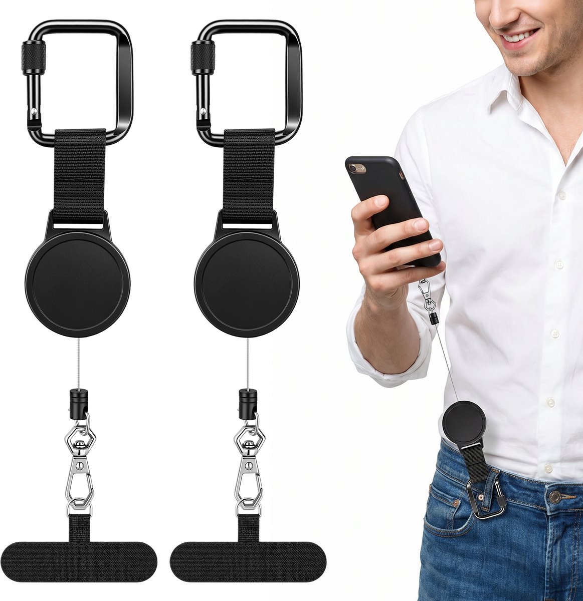 Smartphone Veiligheidskoord 2 Stuks - Uittrekbaar Telefoonkoord Anti-Diefstal - Snijvast Stalen Kabel - Snijvast Stalen Veiligheidskabel - Telefoonriem met Karabijnhaak - Karabijnhaak - Ski & Snowboard - Telefoonkoord voor Wintersport