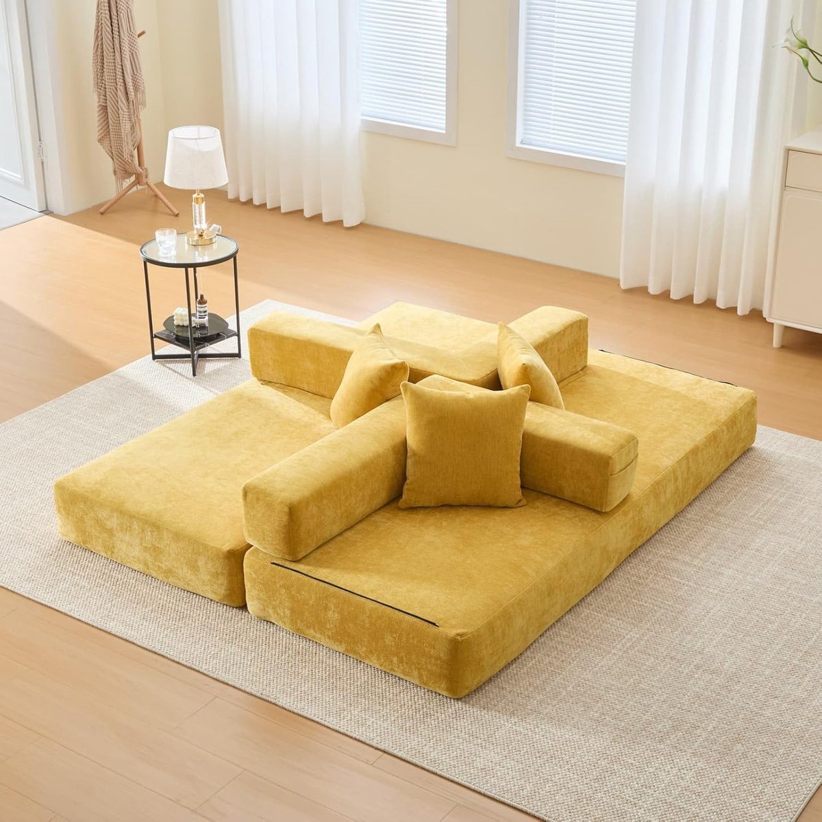 Modulaire 2-zits slaapbank uitklapbaar 198x79x60 cm – gele chenille slaapbank met opbergruimte in zijzakken, multifunctionele sofa bed, antislip basis, modern comfort – HomebyNicole