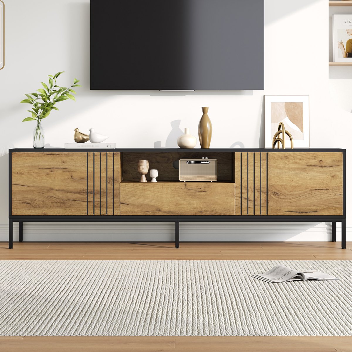 Clruro TV-Meubel - 170x35x50 cm - Met 2 Kasten En Lade - Voor 70 Inch TV - Hout - Natuur Eik