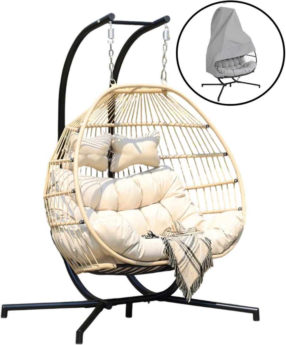 Ogarden Hangstoel Alta met Weerhoes - 2 Persoons Hangstoel met Zwart Standaard - Opvouwbare Basket - Voor Binnen & Buiten