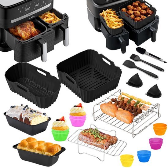 Zwarte siliconen airfryer manden, bakvormen, een cake en brood. Ook een grillrek met vis en een steak. Diverse accessoires zoals spatels en tangen.