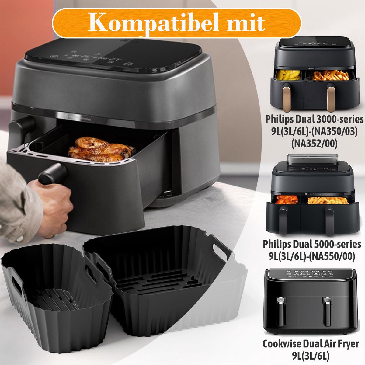 Airfryer accessoires voor Philips Dual Basket 3000/5000 Serie – 28 delig – geschikt voor 3L & 6L – BPA-vrij siliconen – 304 roestvrij staal – grillrek – spiezen – vaatwasserbestendig – inclusief muffinvormpjes — afbeelding 4