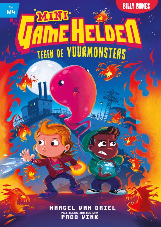 Boek 'Mini Game Helden tegen de vuurmonsters' met Billy Bones. Twee kinderen vechten tegen vuurmonsters.