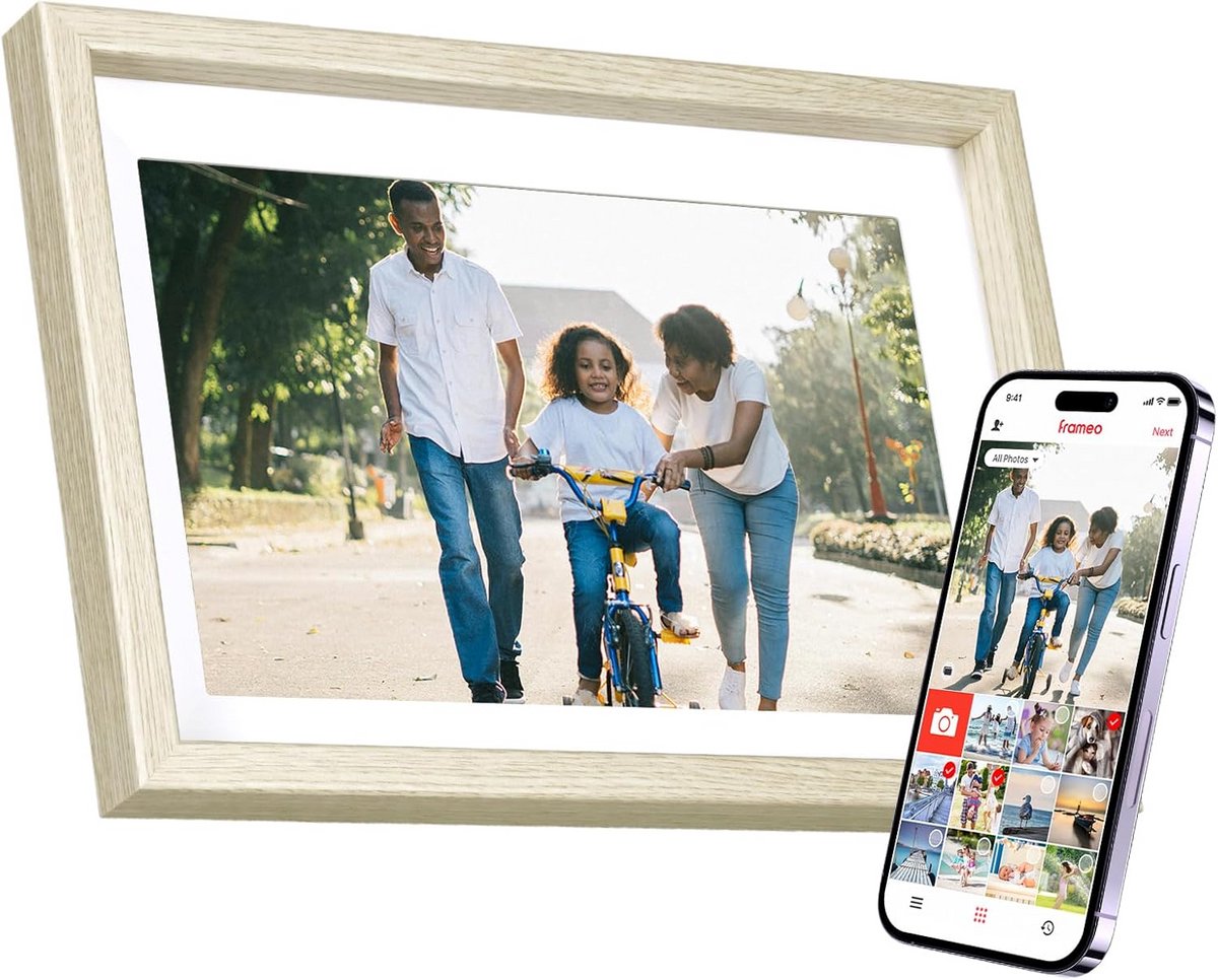 Digitale Fotolijst WiFi 10.1 Inch Touchscreen met 32GB Opslag en Hout Effect