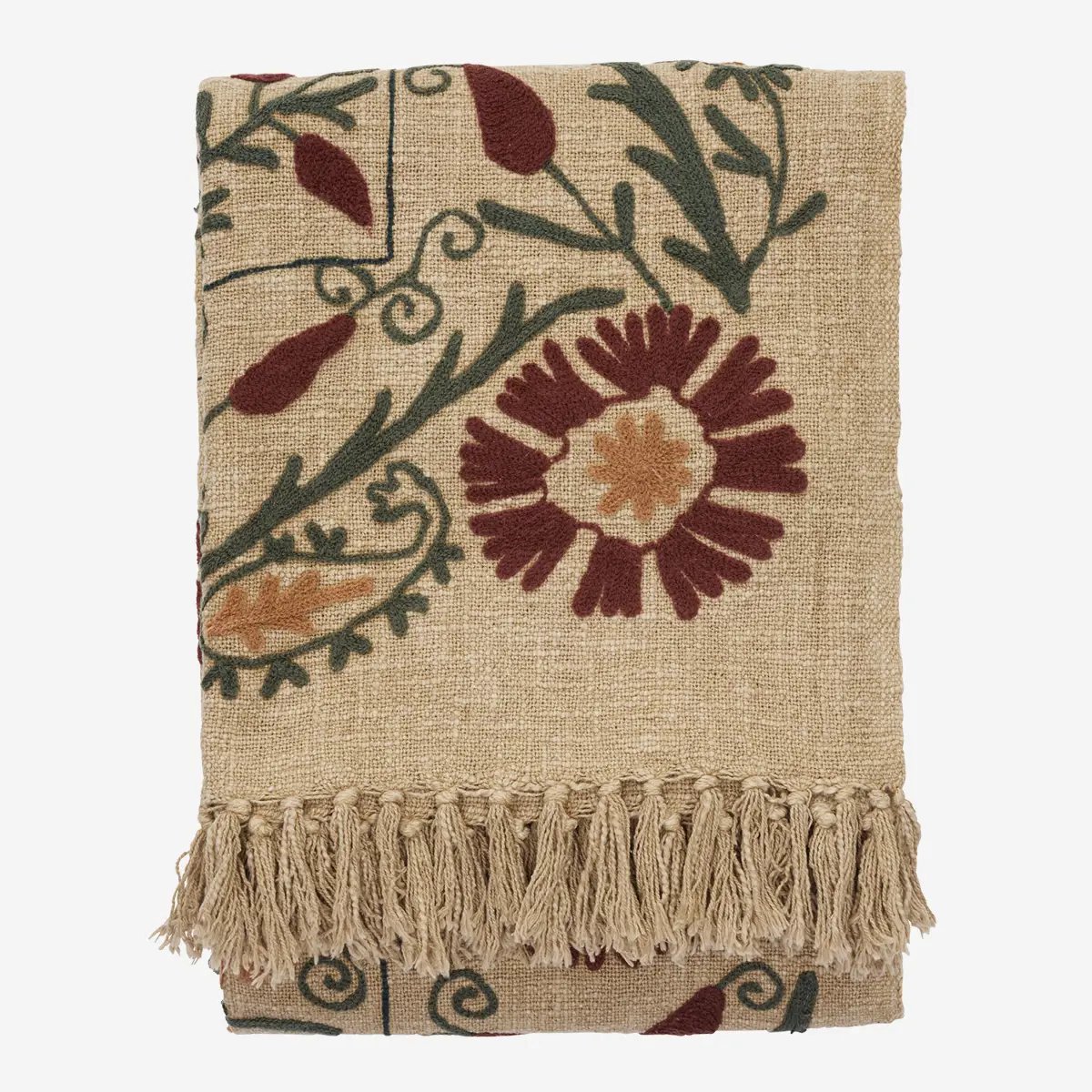 Madam Stoltz - Suzani plaid - Handgeborduurd - 130x180cm - Sand