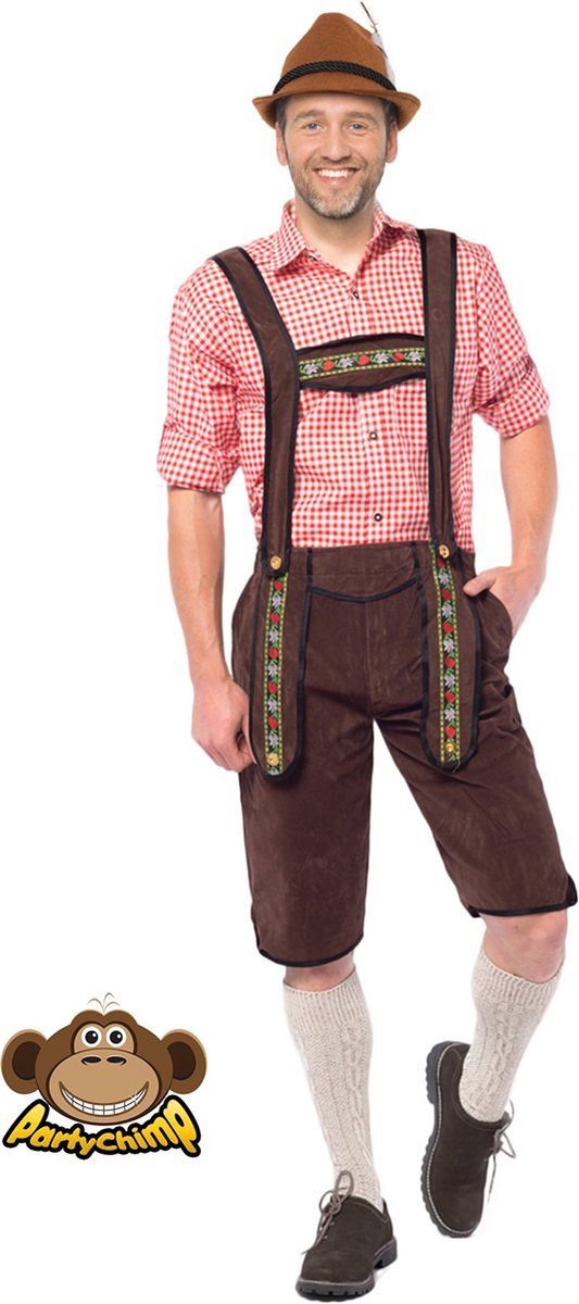 Partychimp Voordelige lange Lederhose Man Johann Oktoberfest Heren Lederhosen Man Carnavalskleding Heren Carnaval - Polyester - Donkerbruin - Maat 3XL