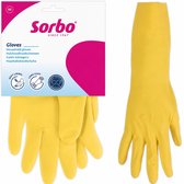 Verpakking met Sorbo huishoudhandschoenen. Een paar gele handschoenen, met gedetailleerde pictogrammen.