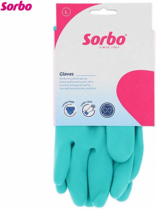 Turquoise Sorbo huishoudhandschoenen in verpakking, maat L. Latex-vrij, lange manchet, lange levensduur.