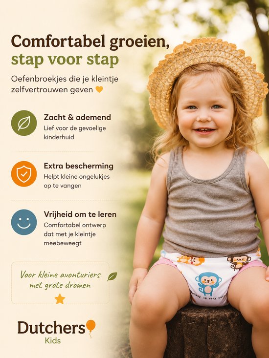 Lachend meisje met strooien hoed, oefenbroekje met apenprint.